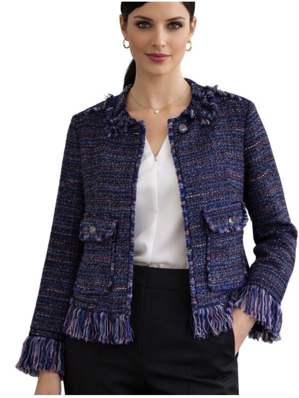 Zara For the Republic Size 4 Navy Blue Multicolor Tweed Fringed Cropped Blazer